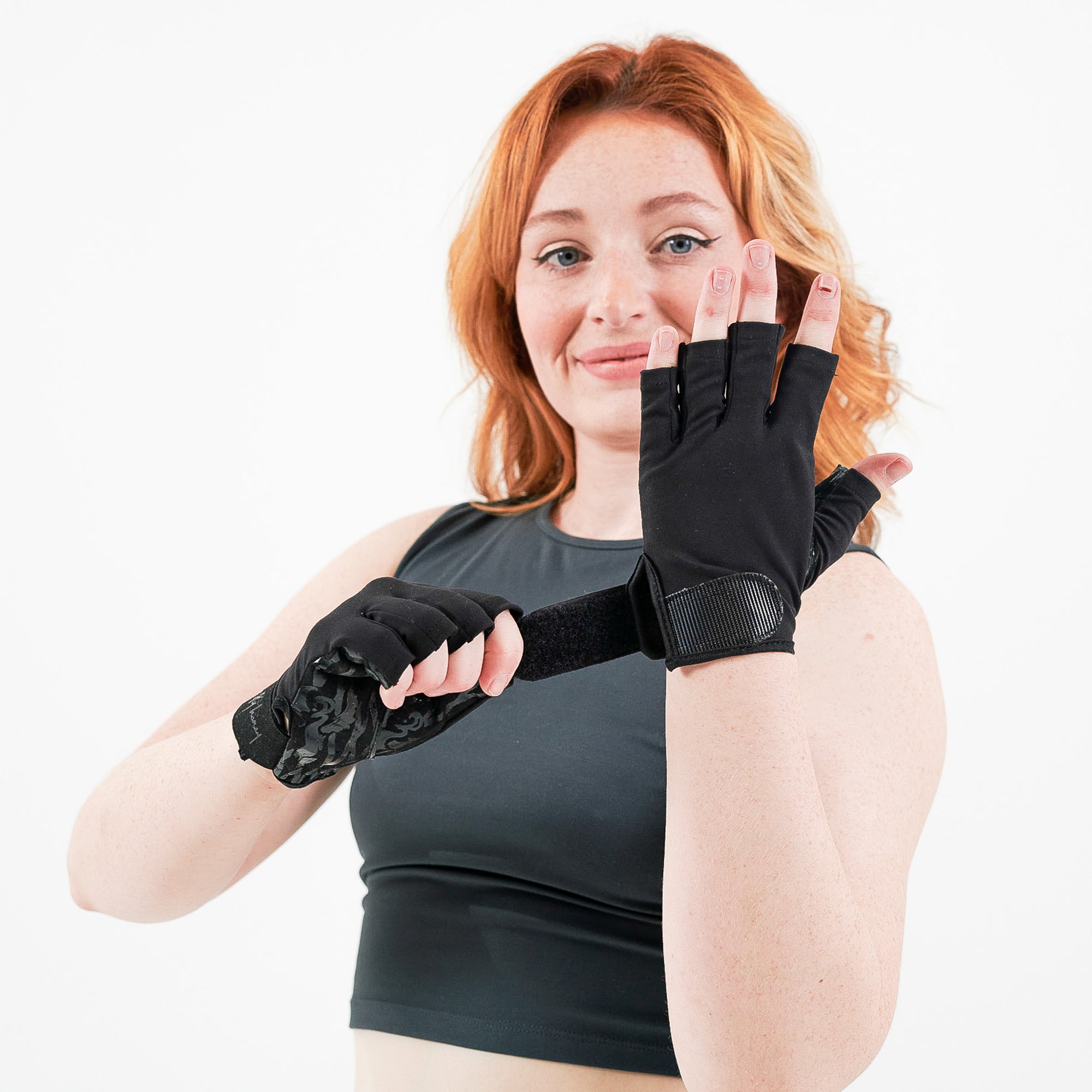 pole dancer wearing sticky polewear gloves in flex fishnet print midnight black colour