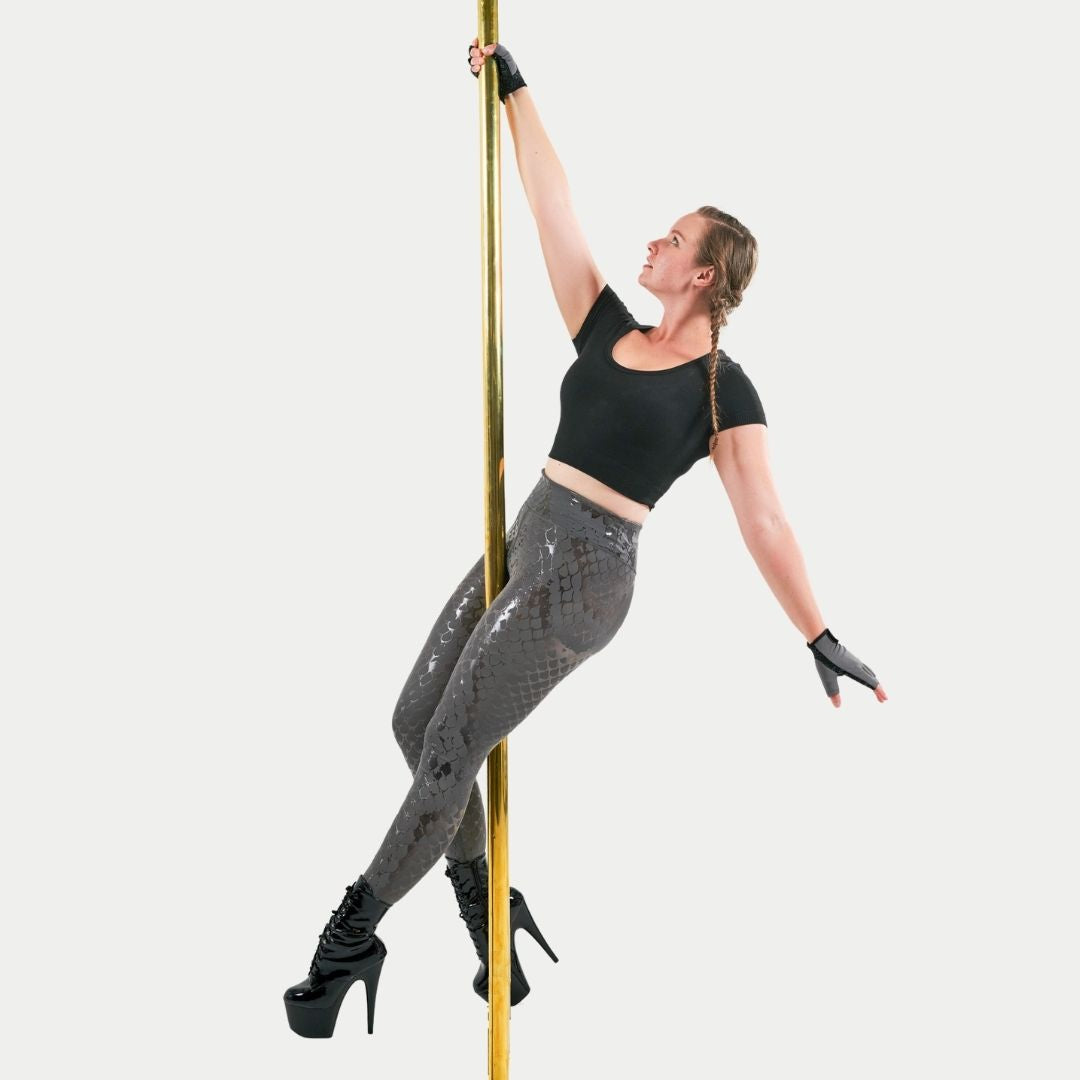 pole dancer in a sticky pole wear leggings in snake colour iron grey