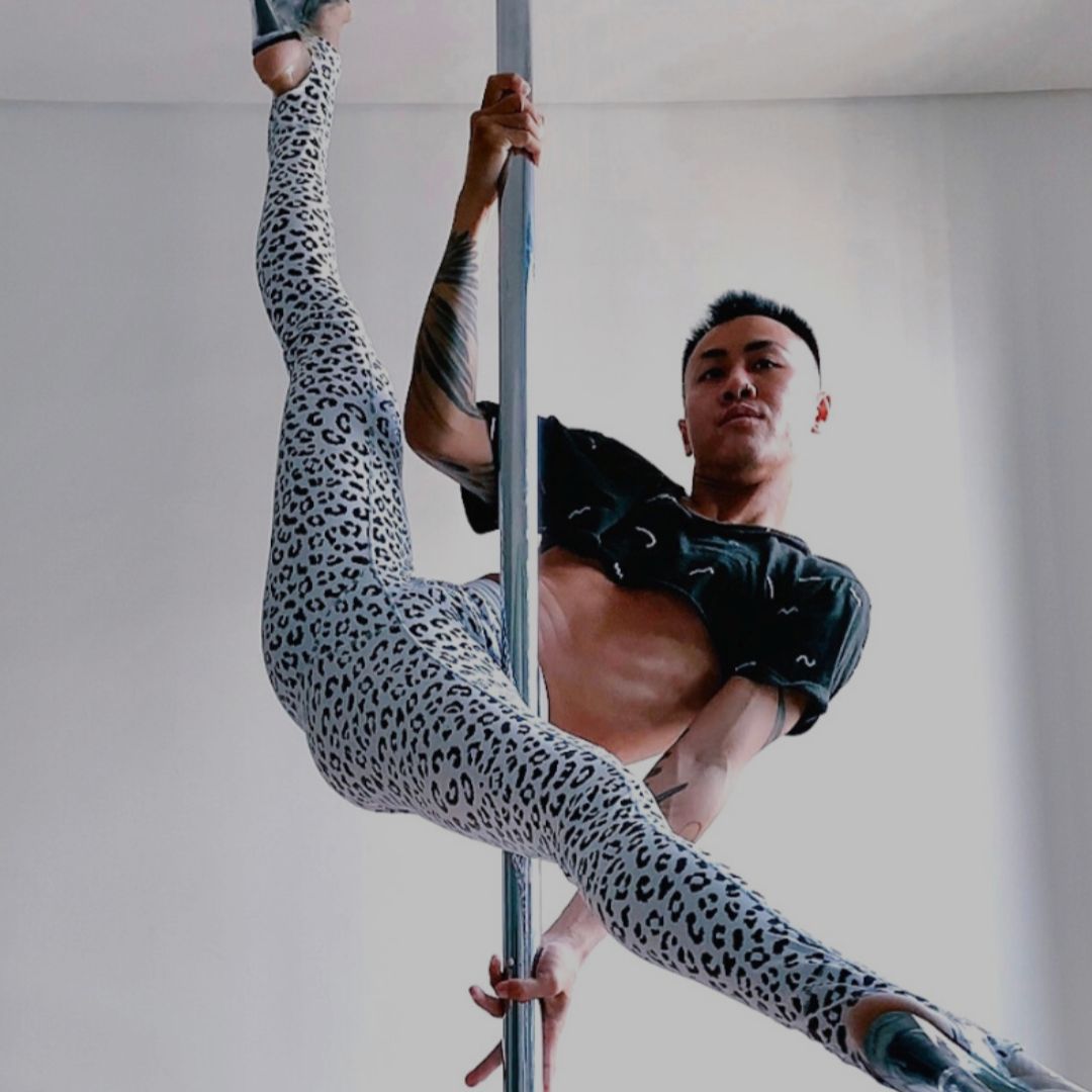 pole dancer wearing sticky pole wear leggings in leopard print